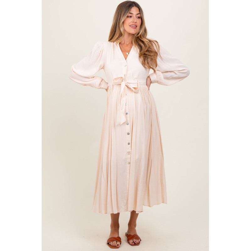 Beige Belted Long Sleeve Maternity Maxi Dress