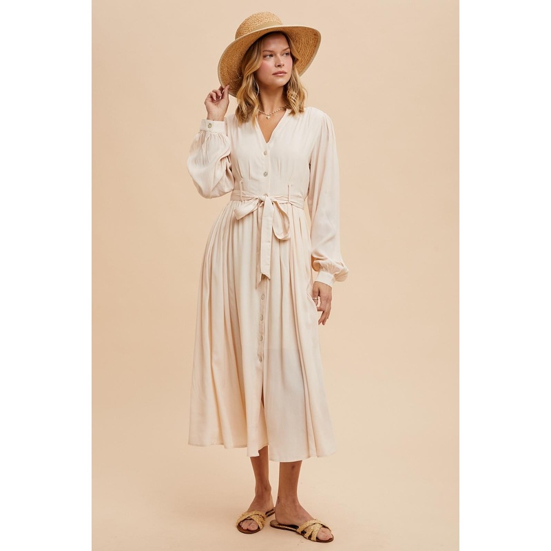 Beige Belted Long Sleeve Maxi Dress