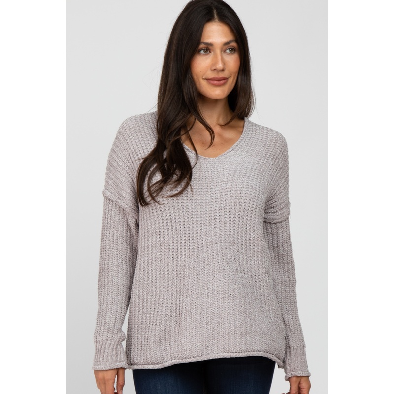 Beige Chenille V-Neck Hooded Sweater
