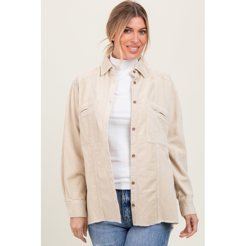 Beige Corduroy Fringe Hem Shirt Jacket