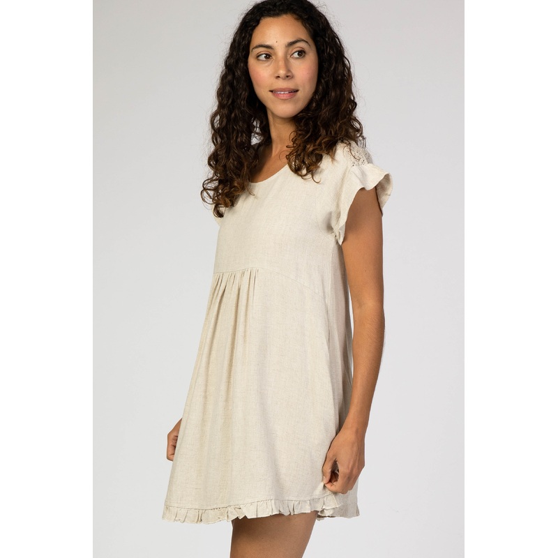 Beige Linen Crochet Shoulder Ruffle Trim Dress