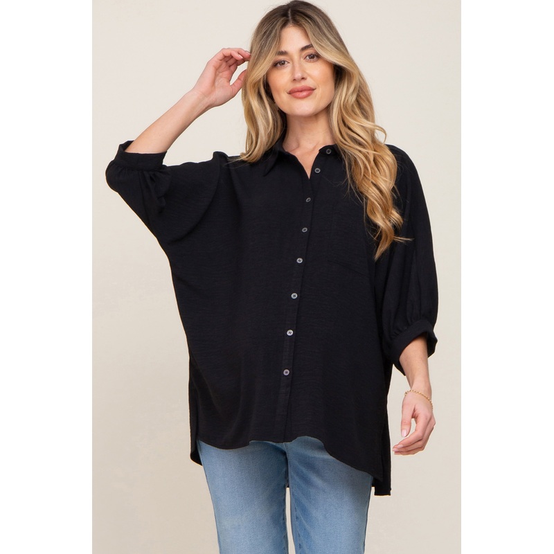 Black Button Down 3/4 Sleeve Maternity Top