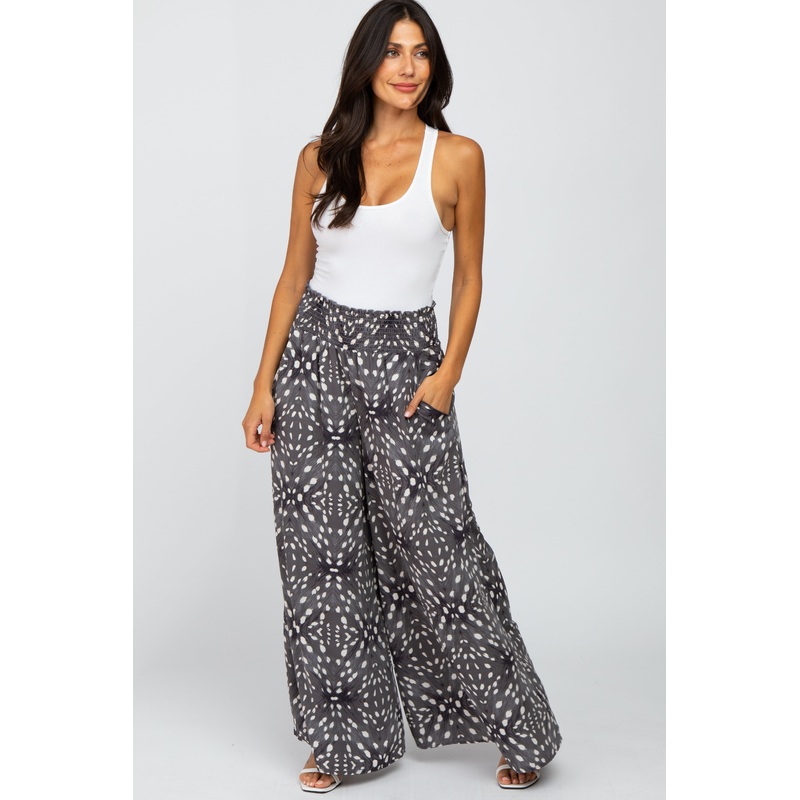 Grey Animal Print Wide Leg Pants
