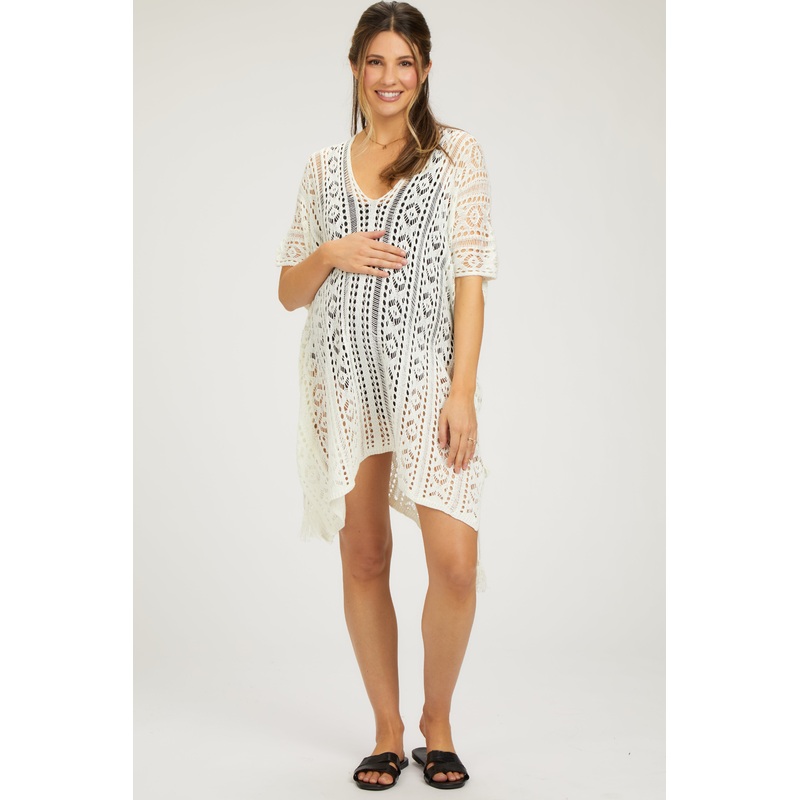 White Crochet Knit Maternity Swim Cover Up