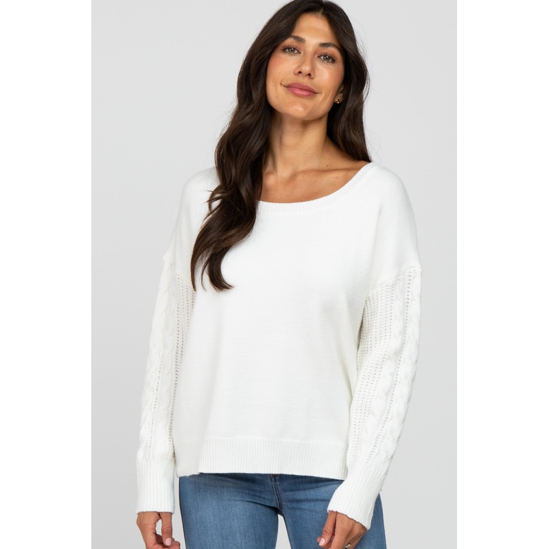 White Knit Braided Sleeve Sweater