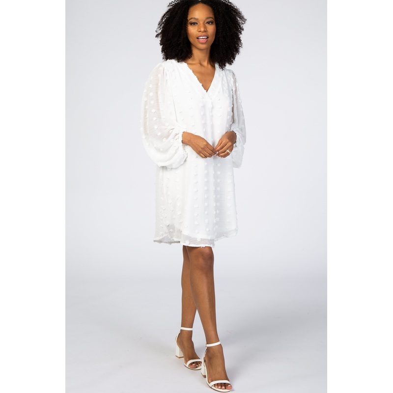 White Swiss Dot Bubble Sleeve Dress
