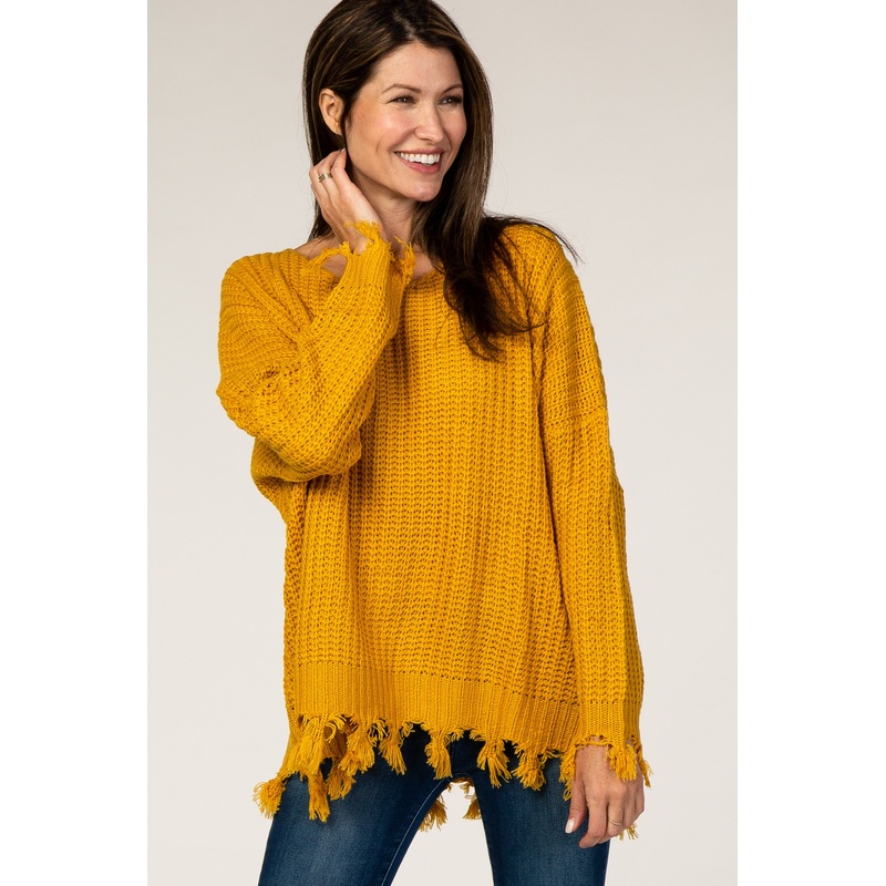 Yellow Distressed Fringe Sweater