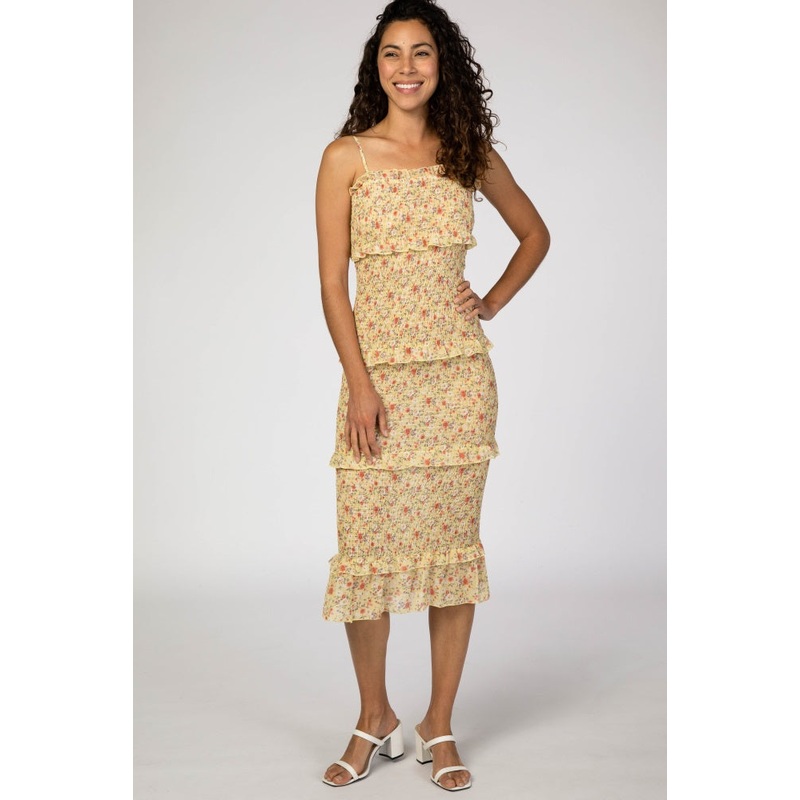 Yellow Floral Chiffon Smocked Fitted Midi Dress
