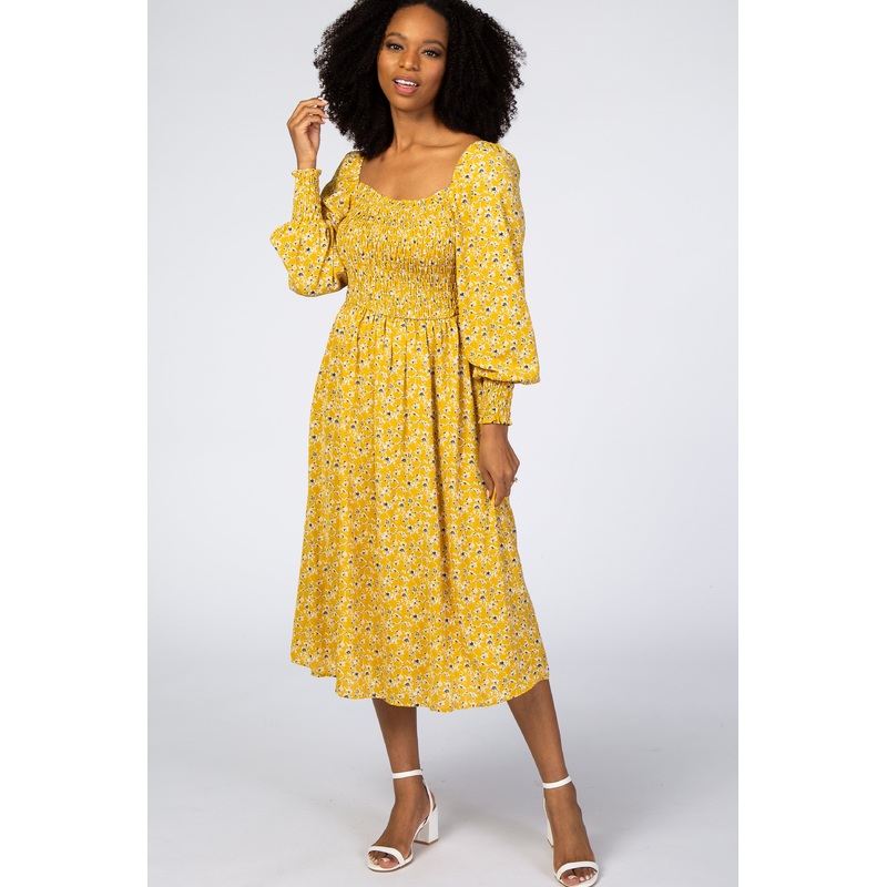 Yellow Floral Smocked Bubble Sleeve Midi Dress