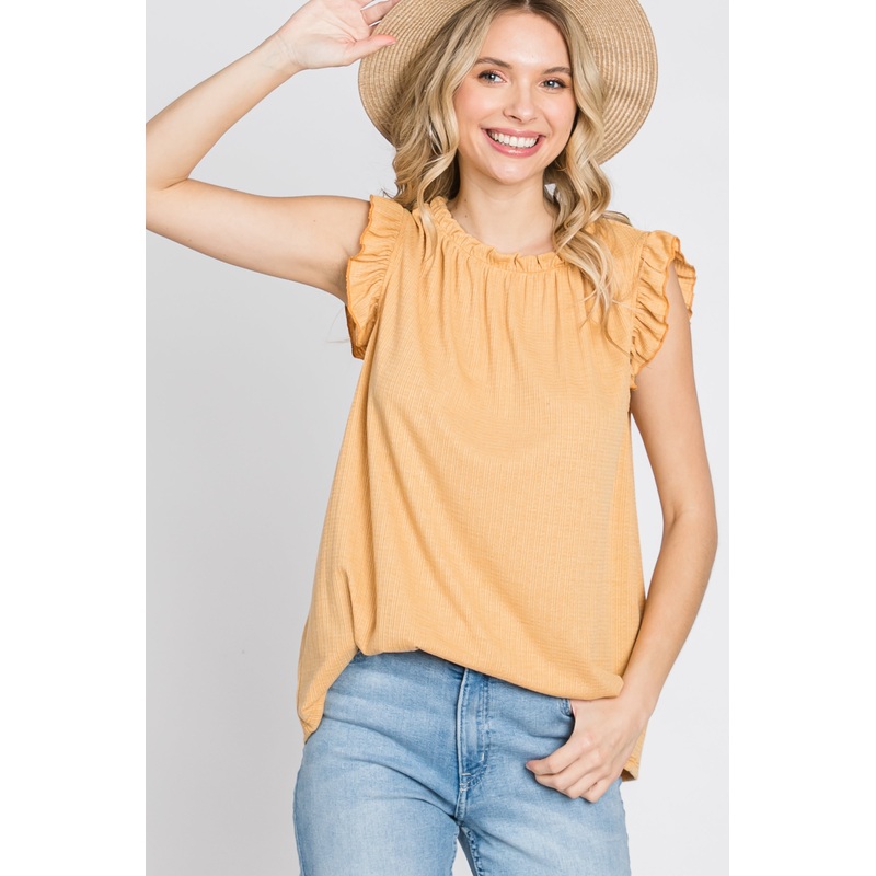 Yellow Ruffle Accent High Neck Top