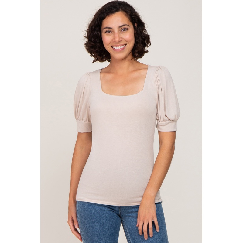 Beige Knit Puff Sleeve Top