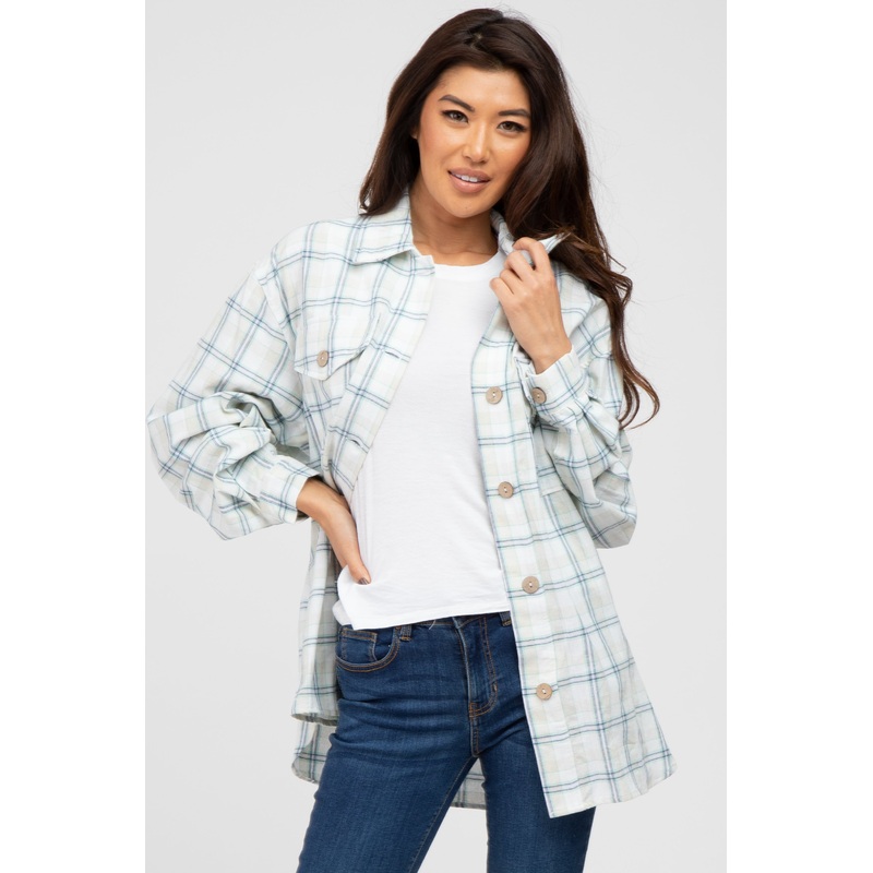 Beige Plaid Lightweight Button Up Top