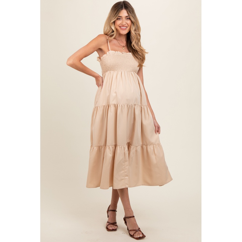 Beige Smocked Cut-Out Back Tiered Maternity Midi Dress