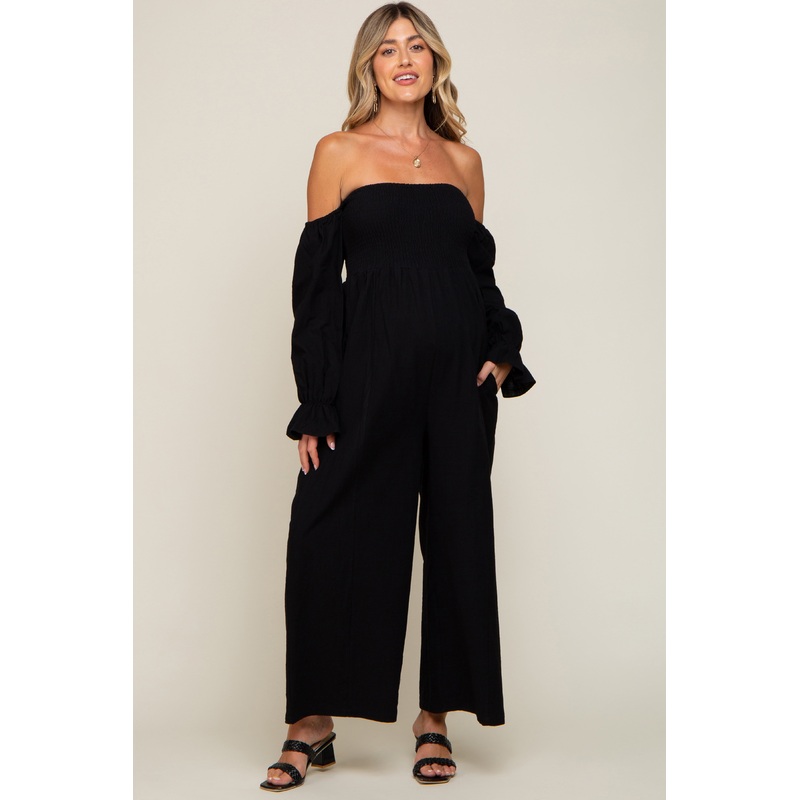 Black Linen Smocked Off Shoulder Wide Leg Maternity Jumpsuit