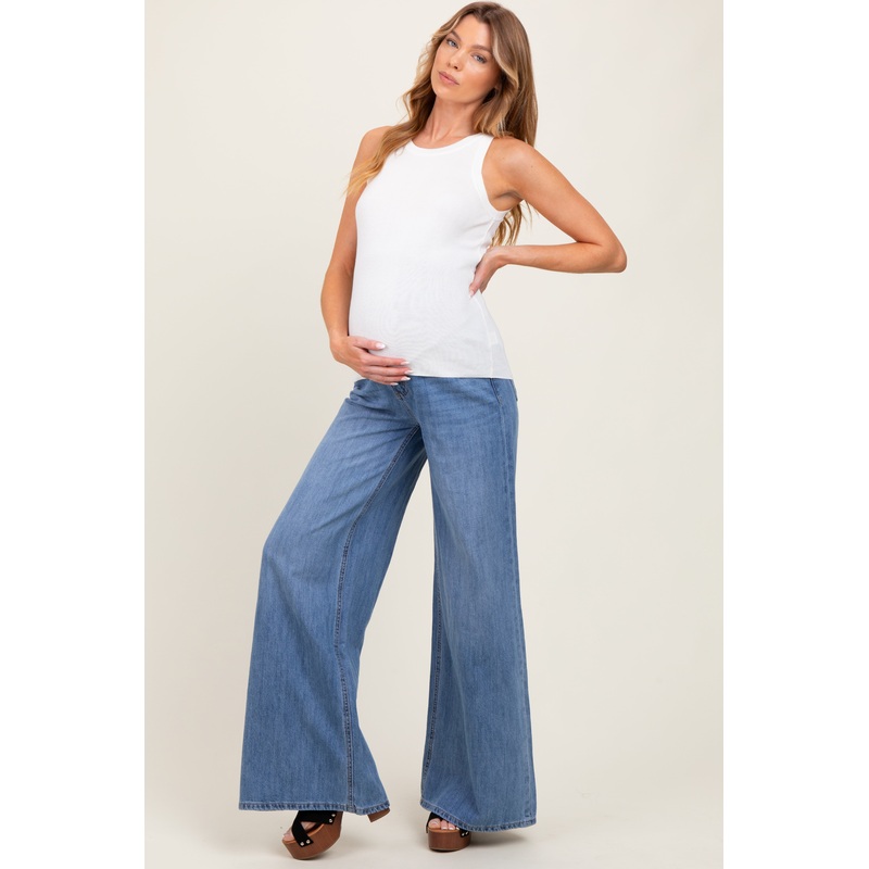 Blue Super Baggy Wide Leg Maternity Jeans