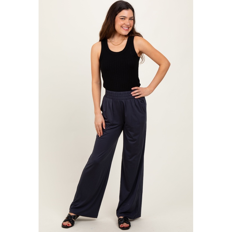 Charcoal Basic Wide Leg Pocketed Pants