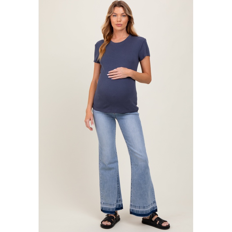 Light Blue Distressed Release Hem Flare Maternity Jeans