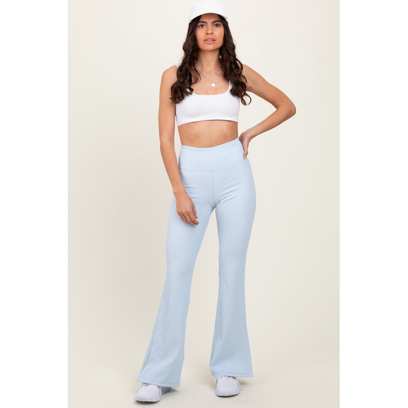 Light Blue Ribbed Split Flare Leggings