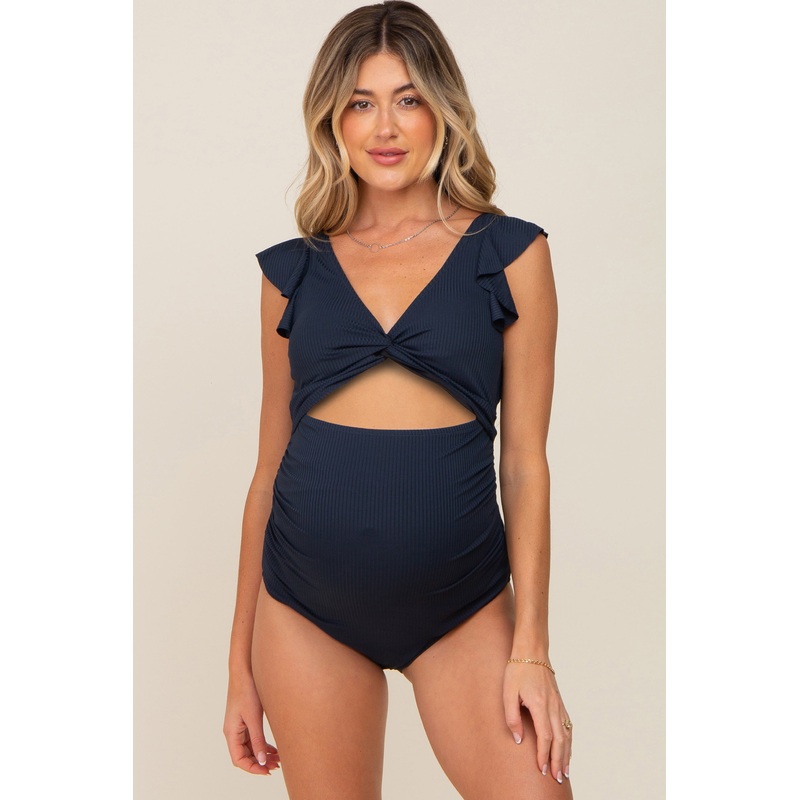 Navy Blue Ribbed Cutout Flutter One Piece Maternity Swimsuit