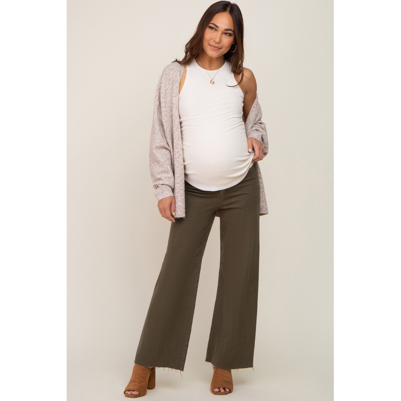 Olive Raw Hem Wide Leg Maternity Jeans