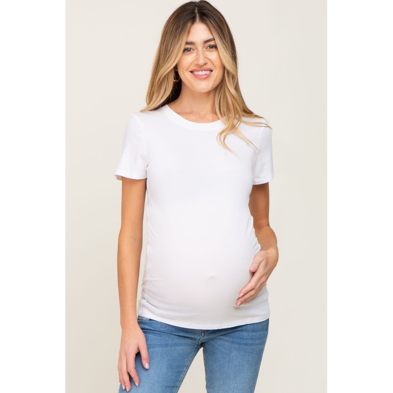 White Basic Crew Neck Maternity Tee