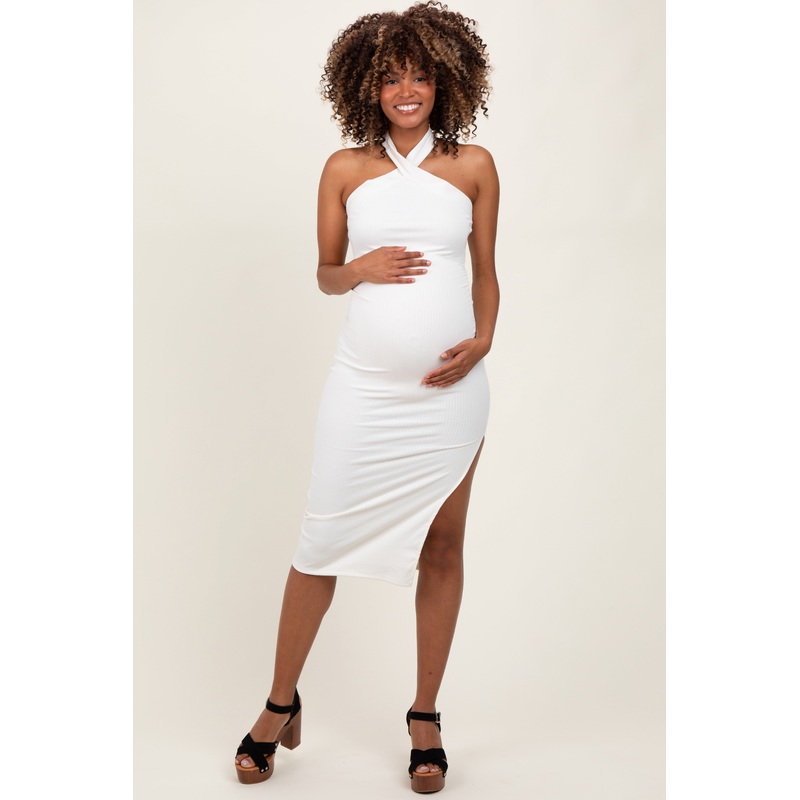 White Halter Tied Criss-Cross Ribbed Maternity Midi Dress