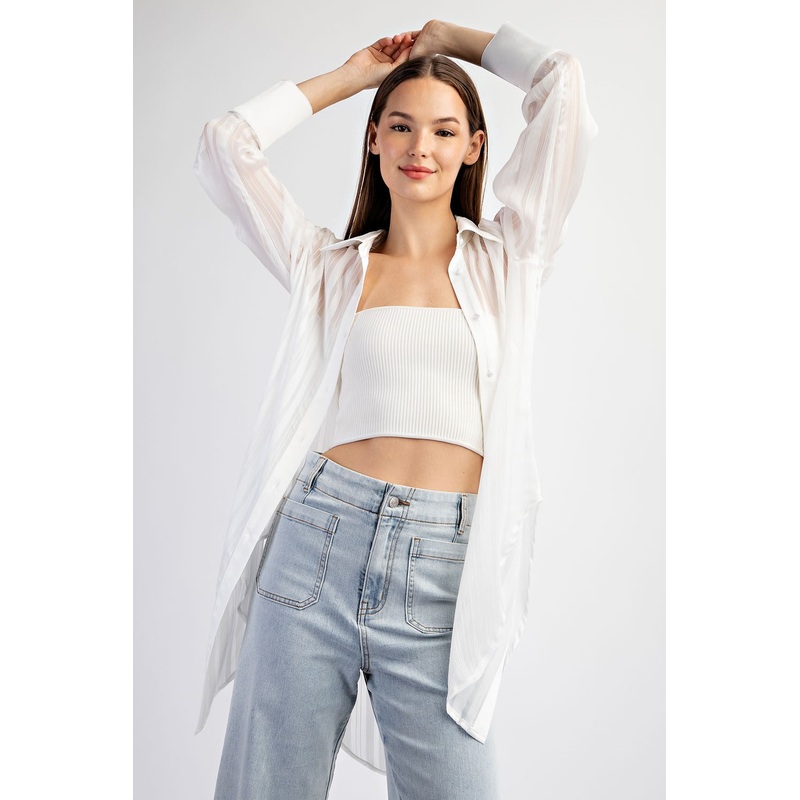 White Sheer Stripe Button Down Blouse