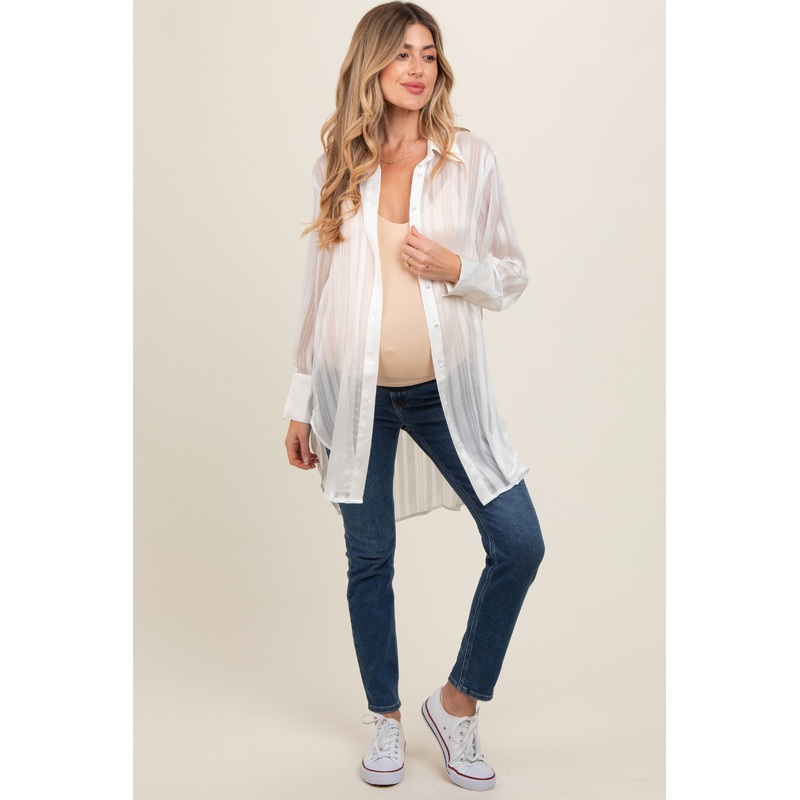 White Sheer Stripe Button Down Maternity Blouse
