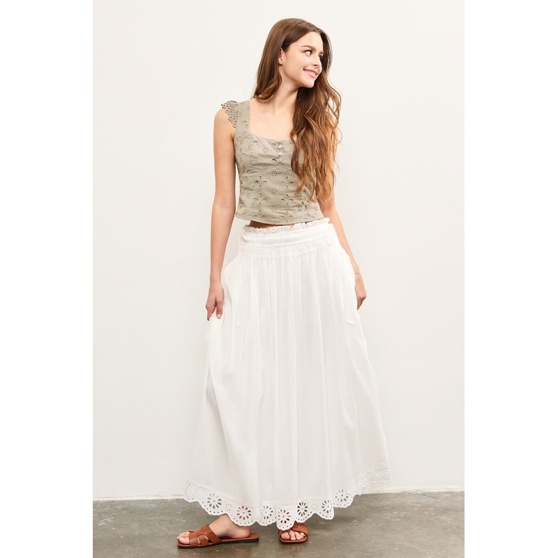 White Smocked Waist Eyelet Lace Hem Maxi Skirt
