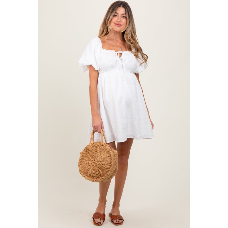 White Textured Bubble Sleeve Maternity Mini Dress