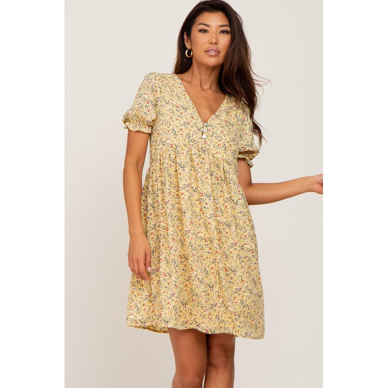 Yellow Floral V-Neck Button Dress