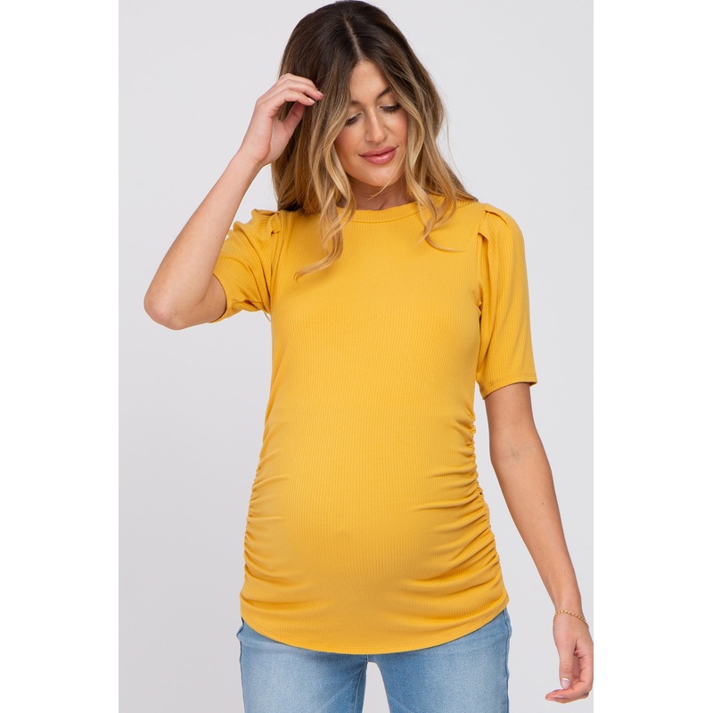 Yellow Ribbed Puff Sleeve Ruched Maternity Top