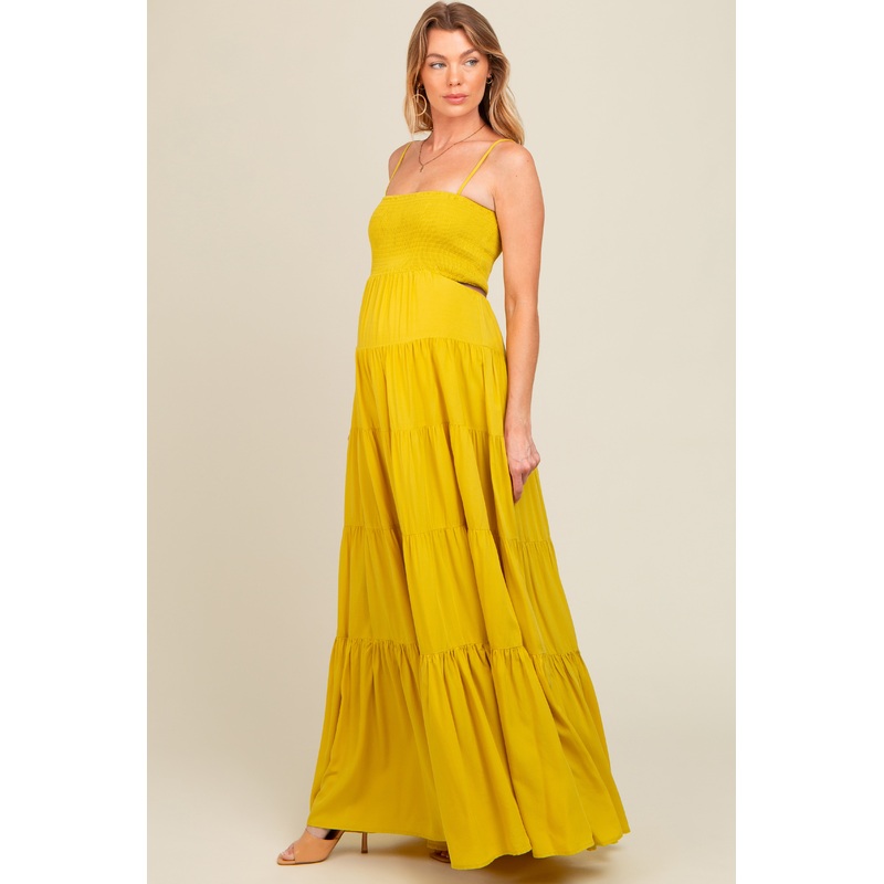 Yellow Smocked Cutout Maternity Maxi Dress