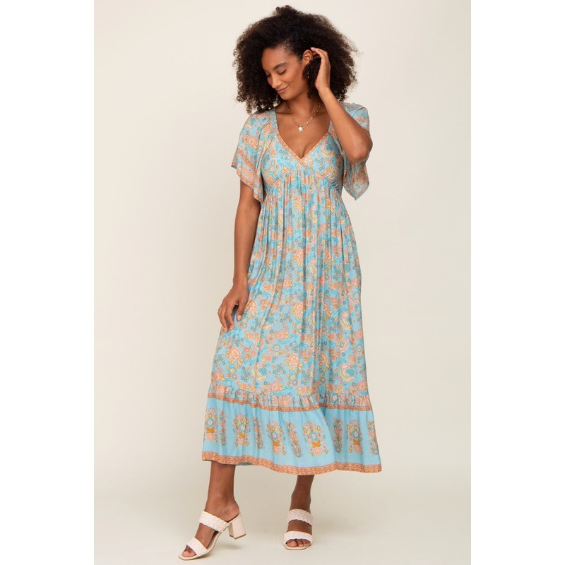 Aqua Floral Print Wrap V-Neck Midi Dress
