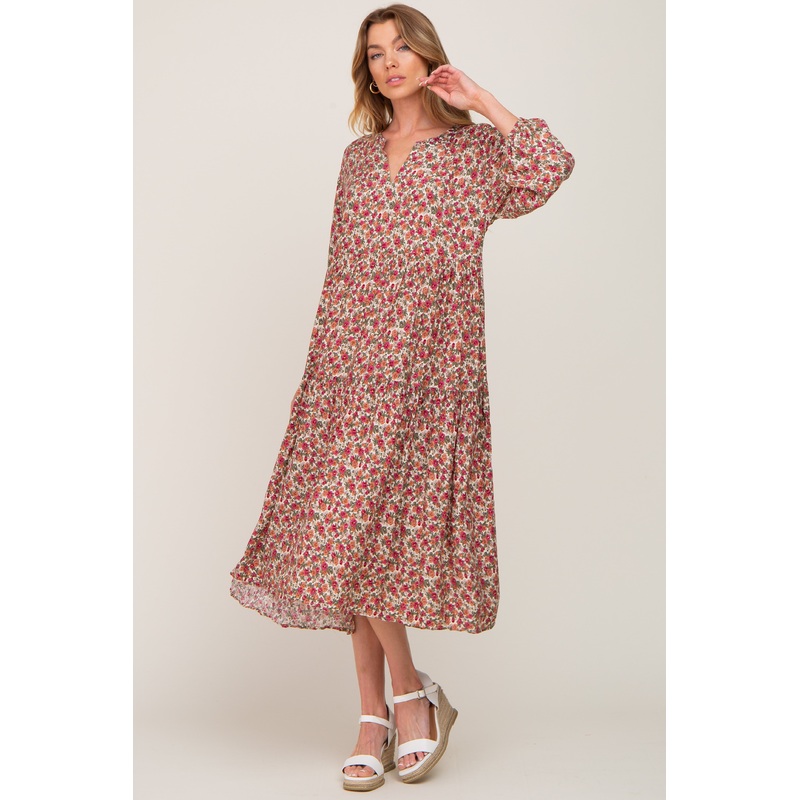 Beige Floral Tiered Midi Dress