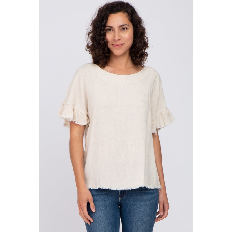 Beige Linen Fringe Cutout Back Top