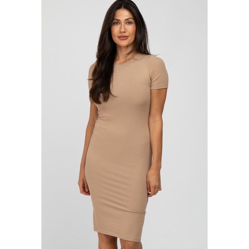 Beige Ribbed Short Sleeve Fitted Dress