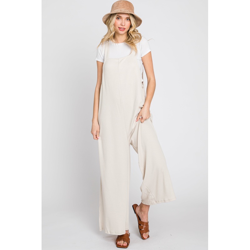 Beige Ribbed Wide Leg Jumpsuit