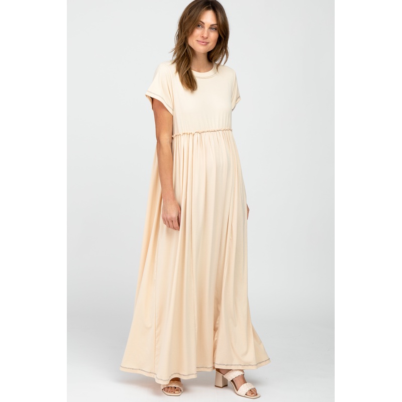 Beige Short Sleeve Babydoll Maxi Dress