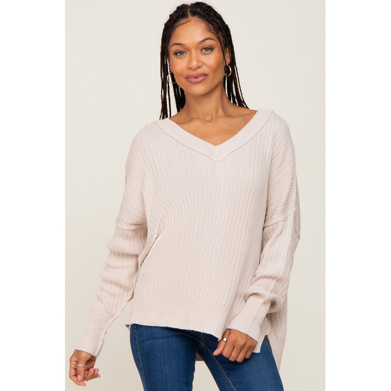 Beige V-Neck Oversized Sweater