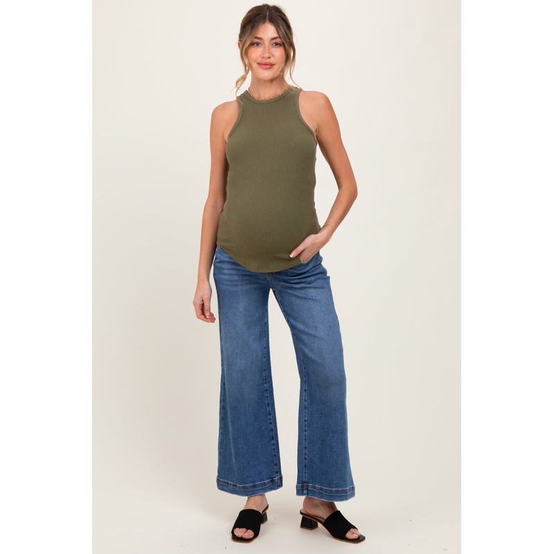 Blue Yoke Detail Ankle Wide Leg Maternity Jeans