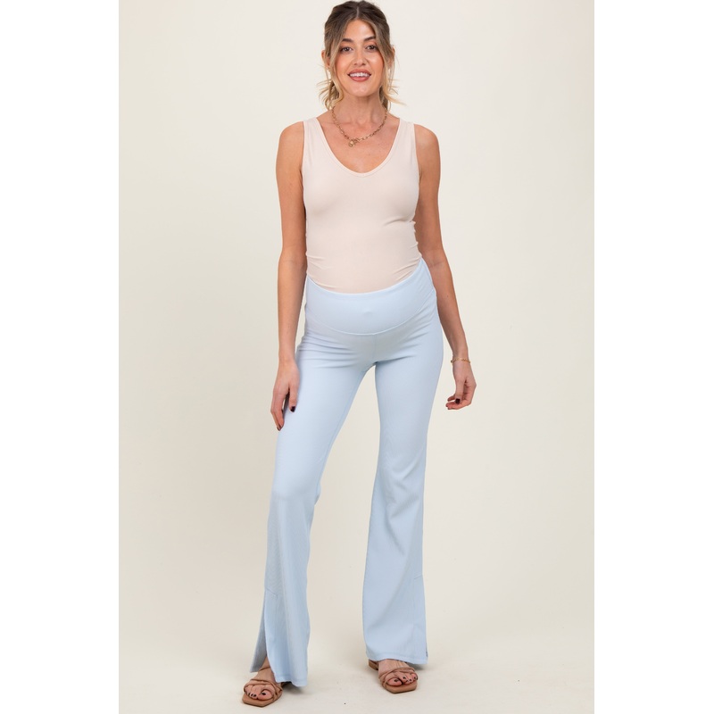 Light Blue Ribbed Split Flare Maternity Leggings