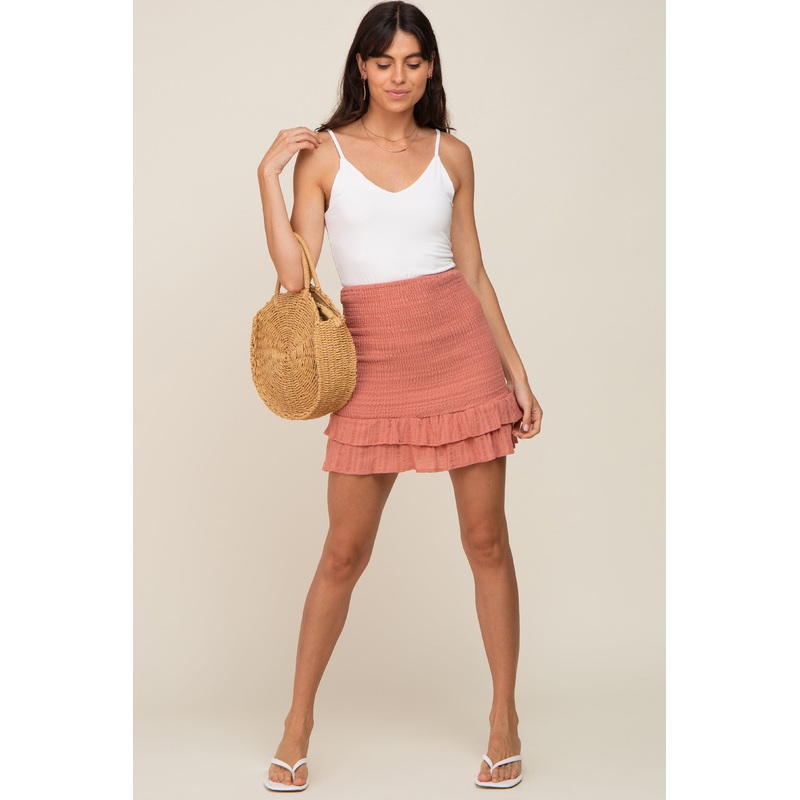 Mauve Smocked Fitted Ruffle Hem Skirt