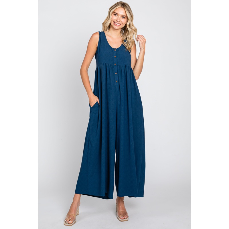 Navy Blue Button Front WIde Leg Jumpsuit
