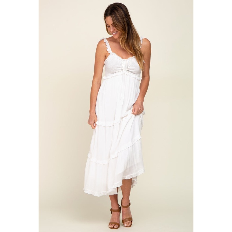 White Ruffle Accent Midi Dress