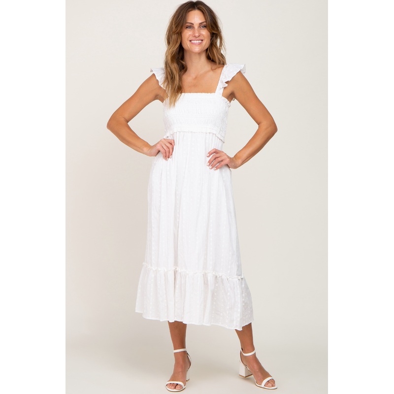 White Smocked Textured Midi Dress
