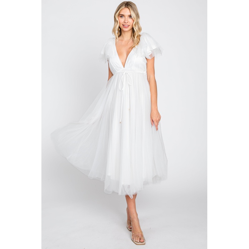 White Tulle V-Neck Flutter Sleeve Midi Dress