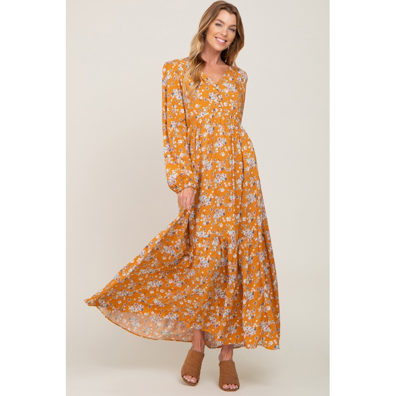 Yellow Floral Button Front Long Sleeve Maxi Dress