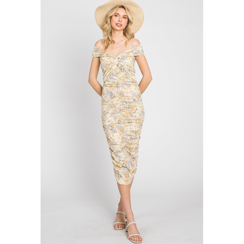 Yellow Floral Ribbed Ruched Off Shoulder Mid Dress