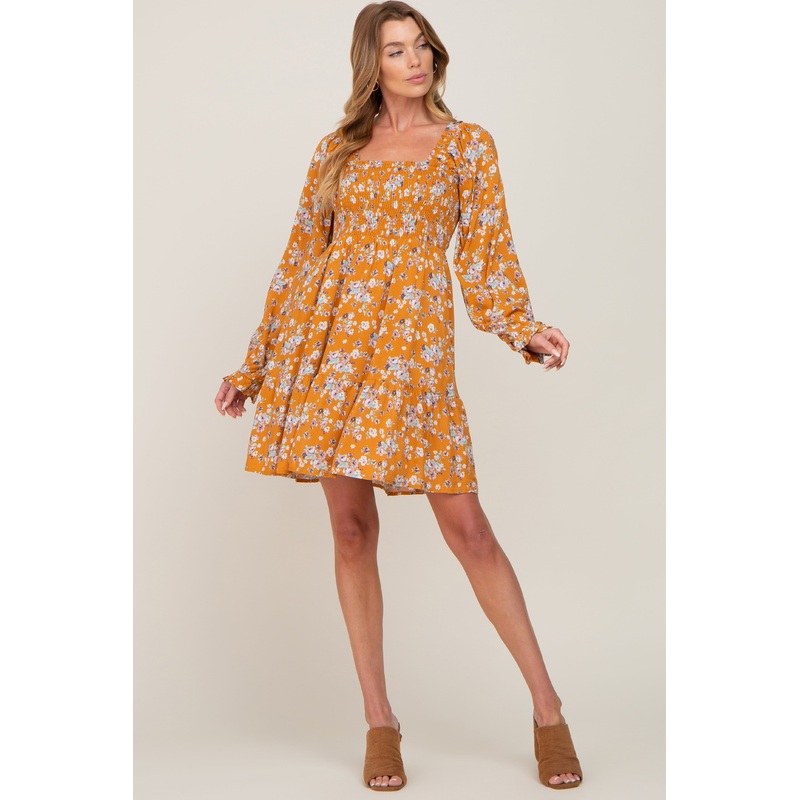Yellow Floral Smocked Tie Back Dress